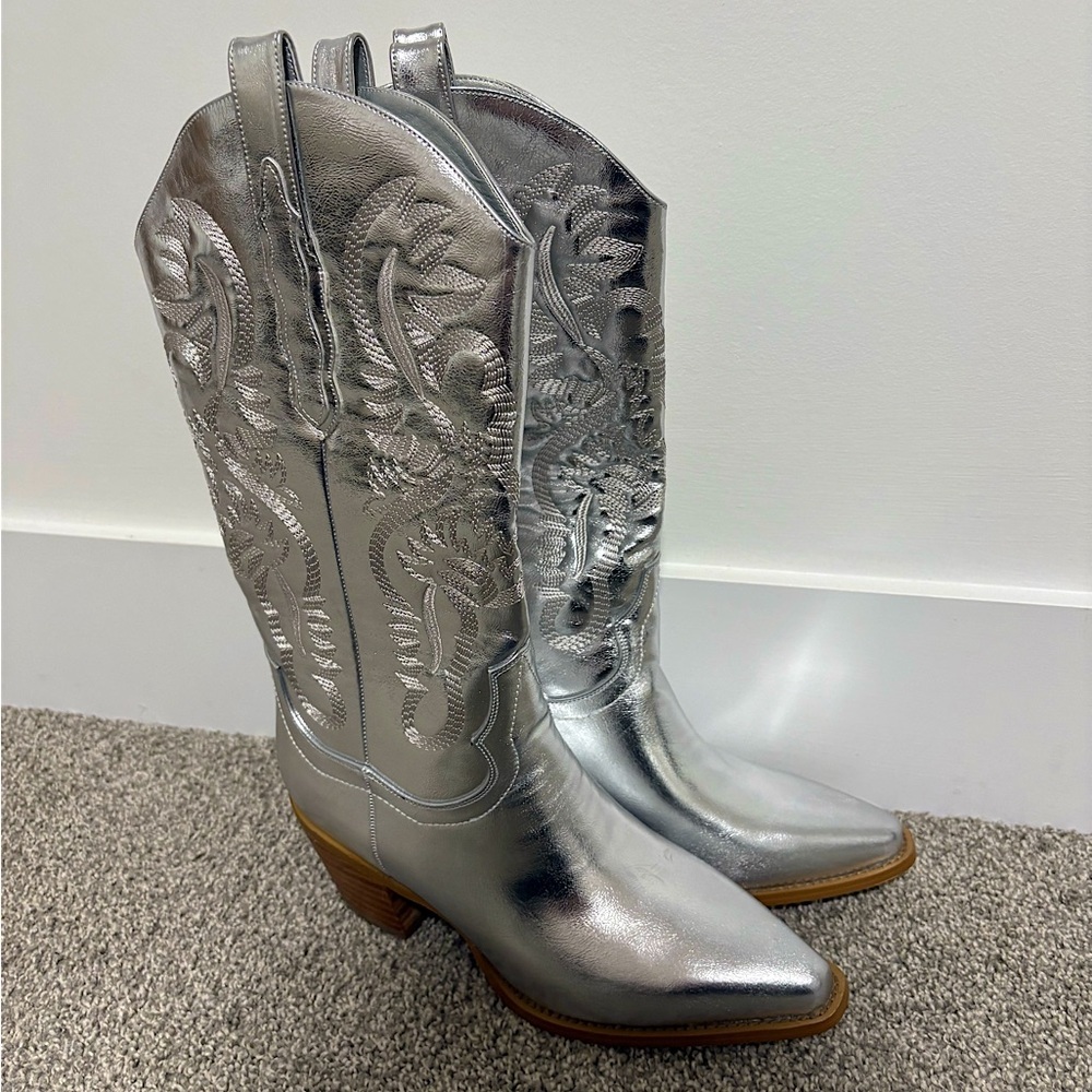 Women Western Cowboy Boots Pointed Toe Silver Metallic Cowgirl‎ Women's Size 7 8